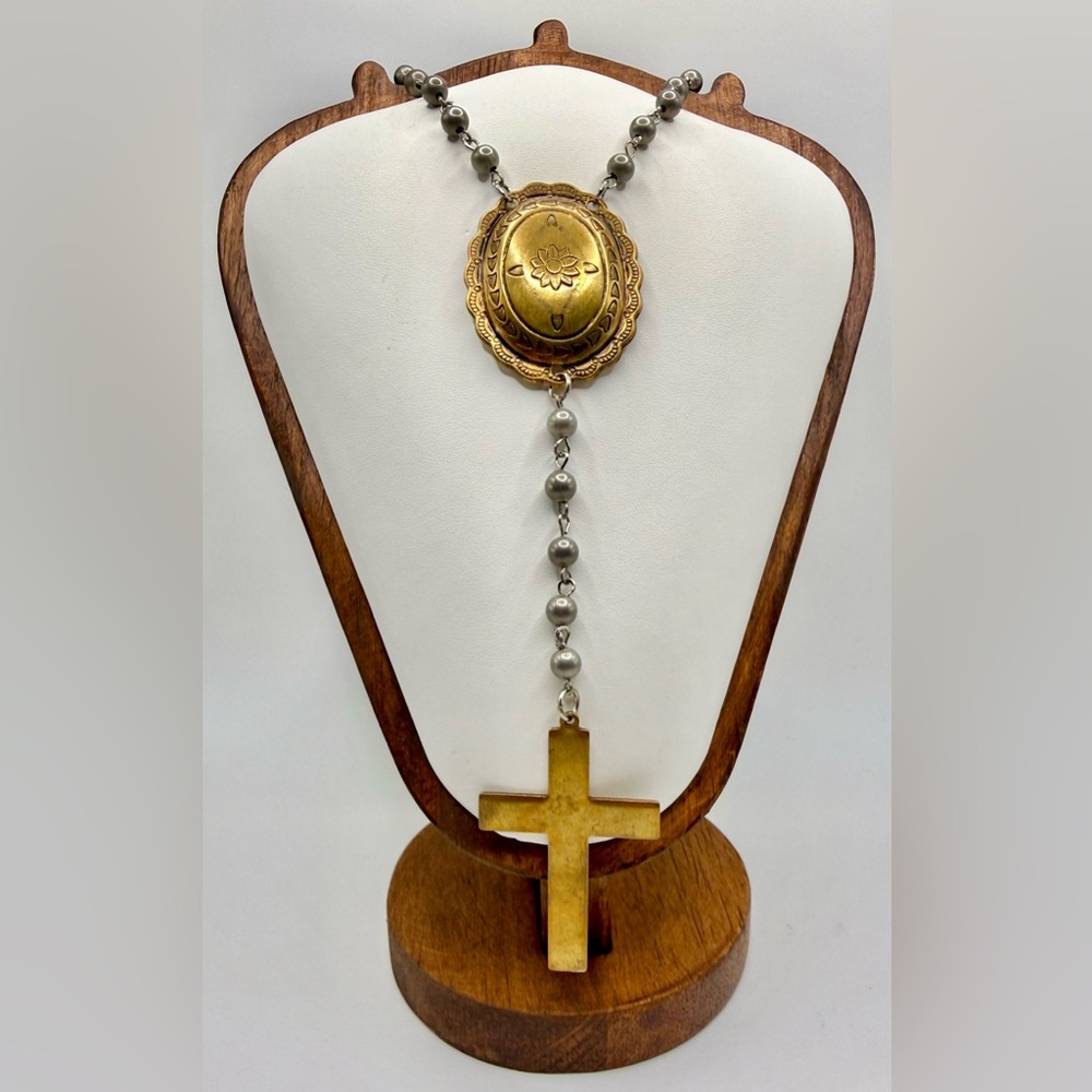 Rosary Style Cross Necklace Gold Tone Locket Faux Pearl Statement Jewelry